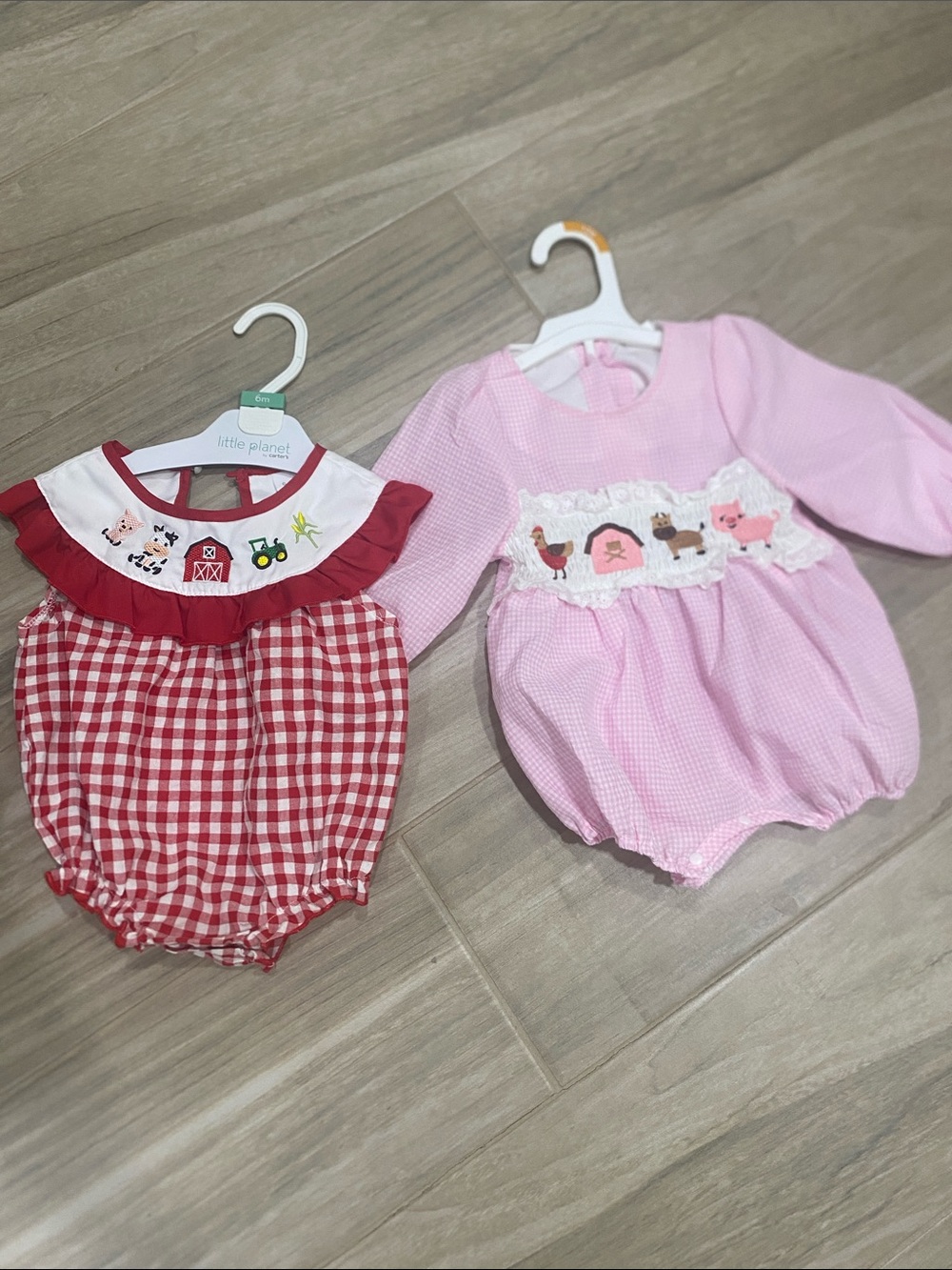 Pink Smocked Baby Bubble Romper with Farm Appliqué